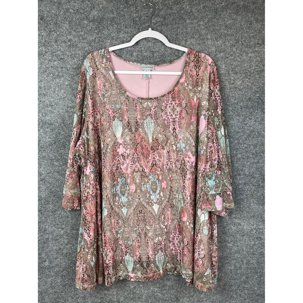 Catherines Paisley Mesh Tunic Women 1X Pink Brown Excellent 3/4 Sleeve Blouse